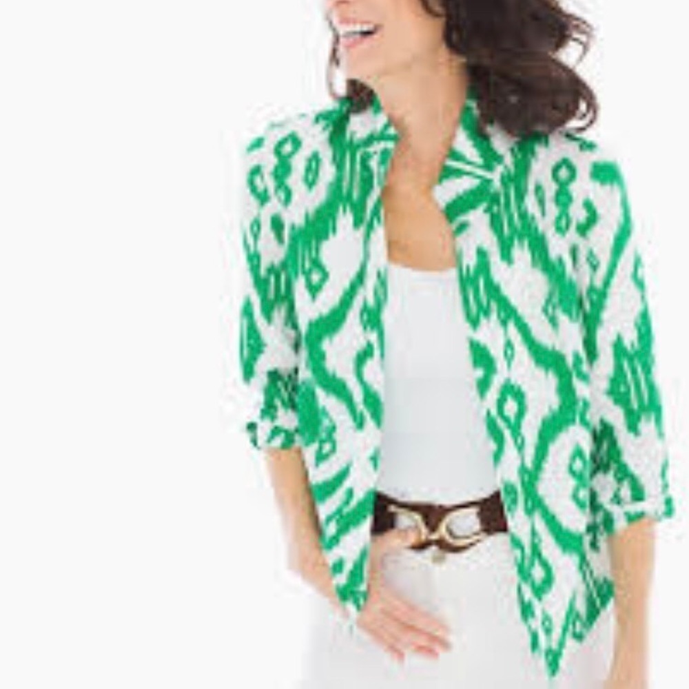 CHICOS Cora Green Ikat Print Button Down Top Size Extra Large